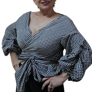 Gingham Picnic Black White Checkered Wrap V-neck Puff Sleeves Western Festival